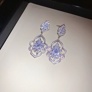 Crystal Floral Drop Earrings - White / Silver